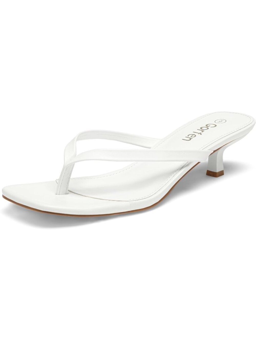 Women White Solid Open Square-Toe Slip-On Thong Flip-Flop Kitten Heeled Sandal